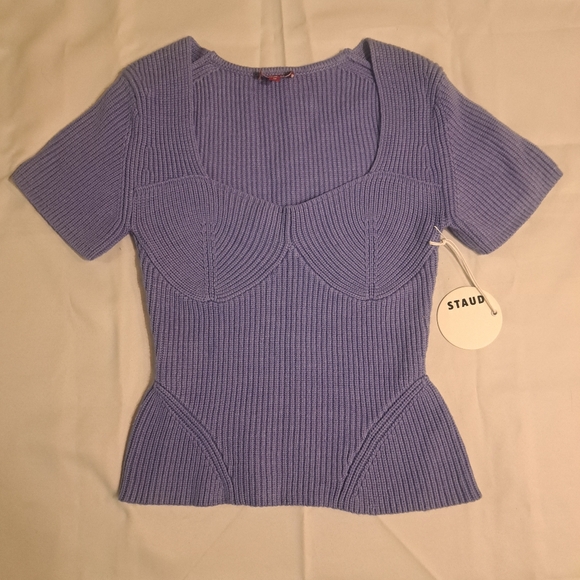 STAUD Tops - Staud Buxton Ribbed Knit Bustier Short Sleeve Top In Periwinkle Sz Med NWT